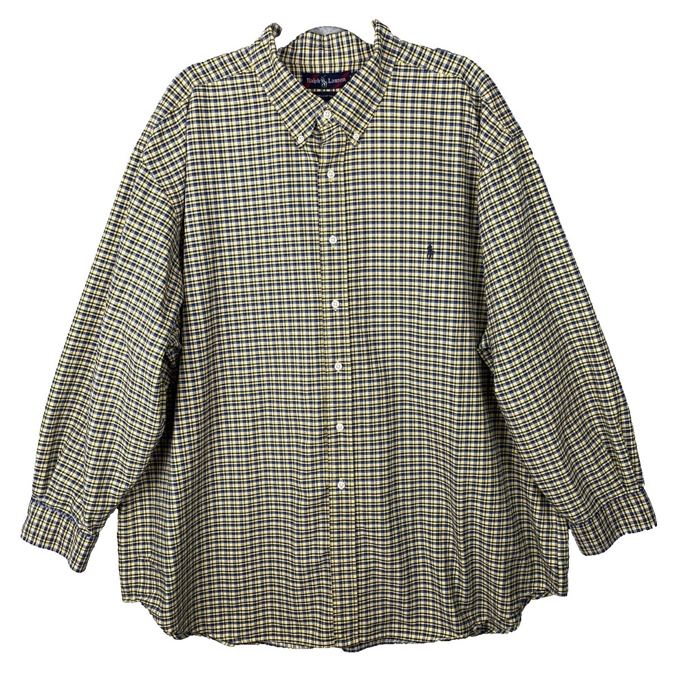 Ralph Lauren Shirt Mens 3XB Blue Yellow Plaid Button Up Long Sleeve Dress Preppy